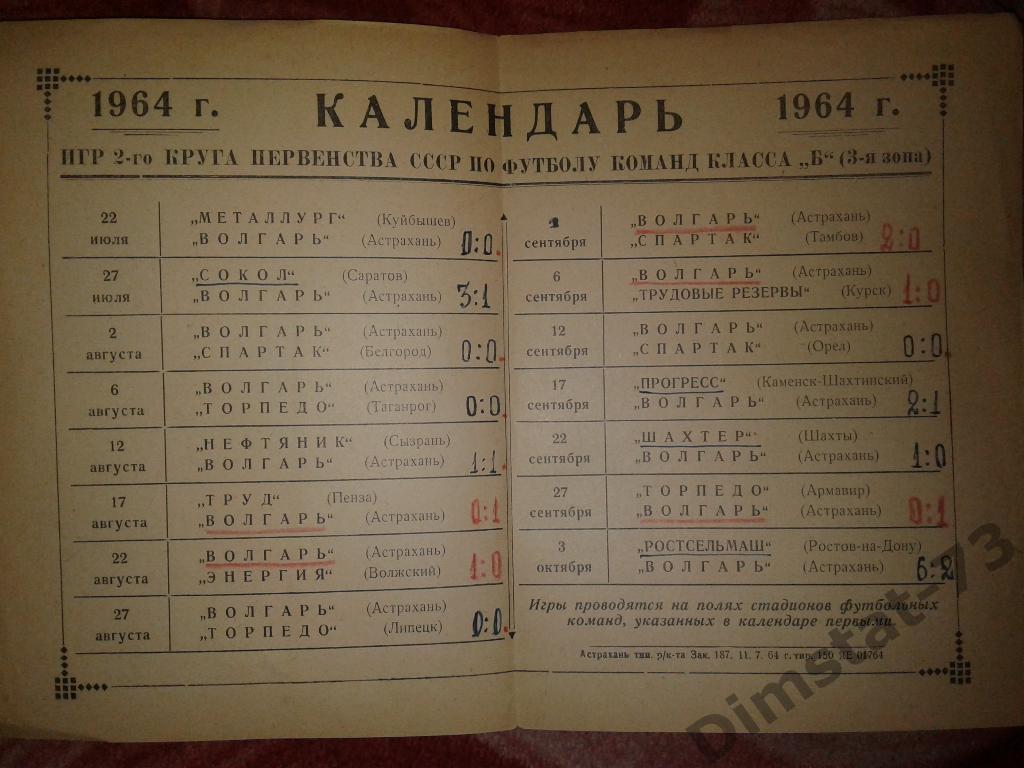 Волгарь Астрахань 1964 Календарь игр 2 круг