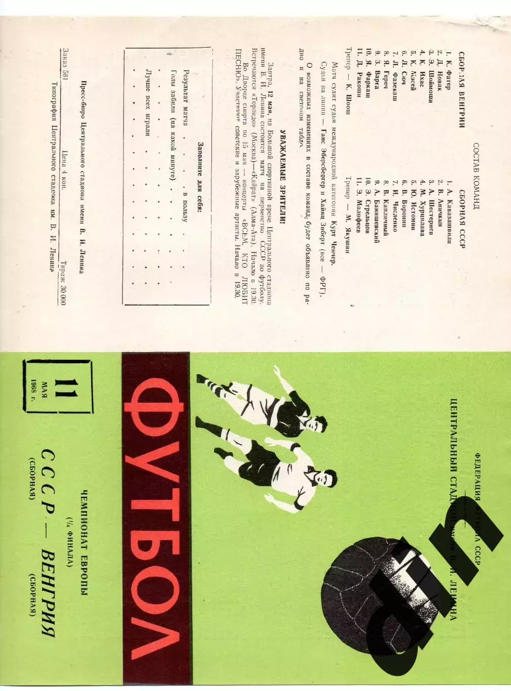 СССР сборная - Венгрия сборная 11.05.1968 1/4 финал чемпионата Европы