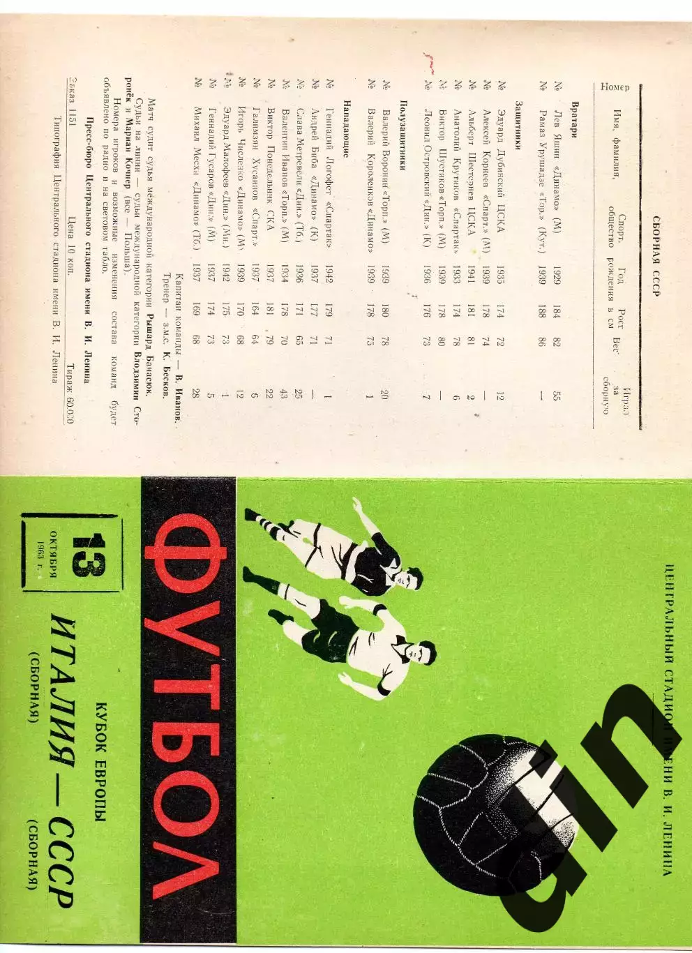 СССР сборная - Италия 13.10.1963
