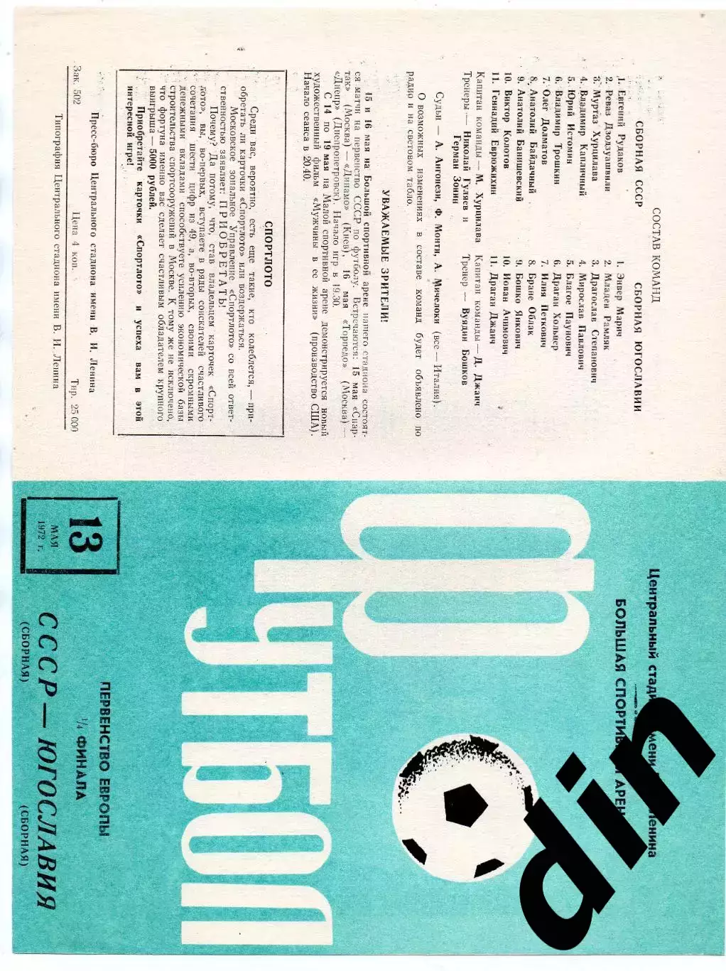 Сборная СССР - Югославия 13.05.1972