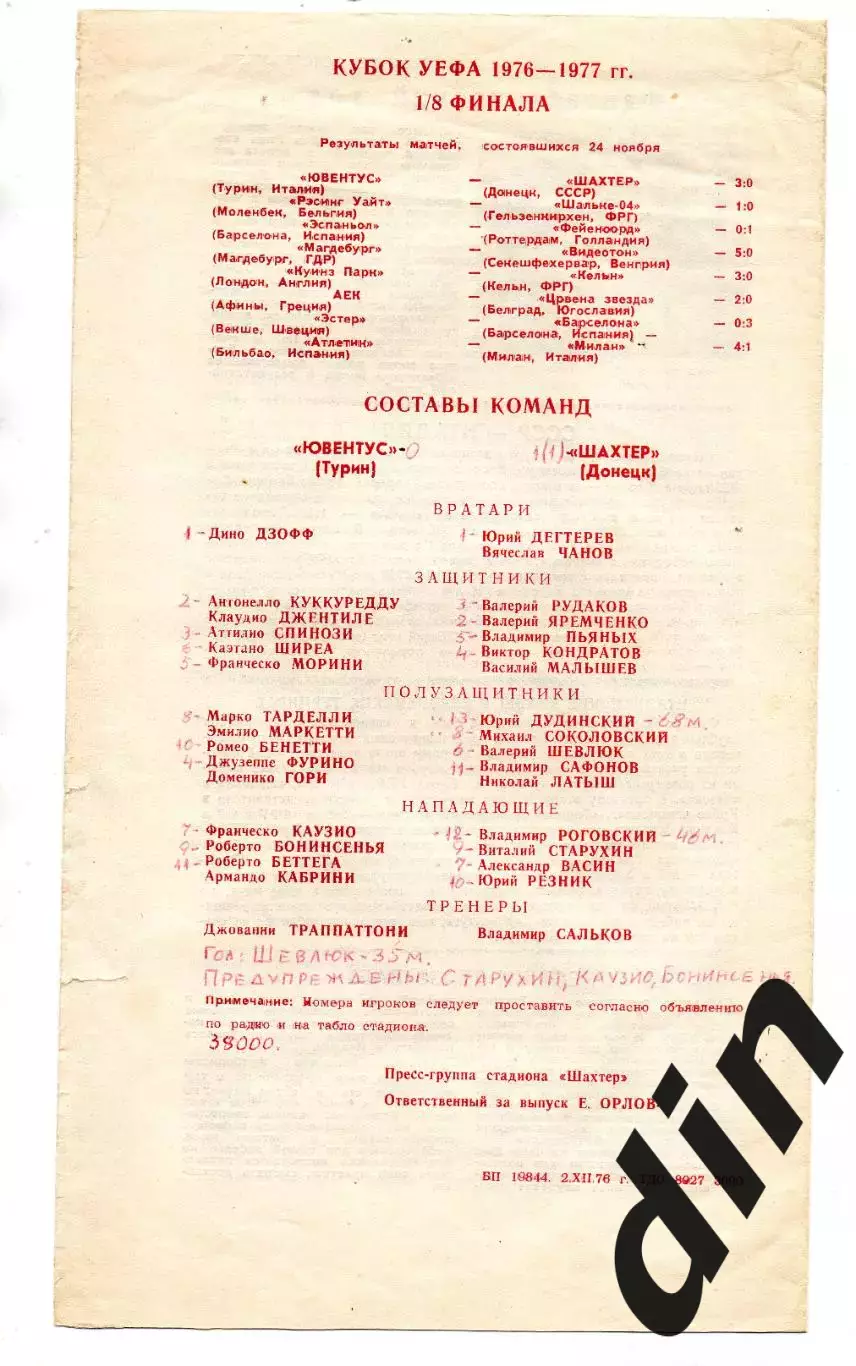 ШАХТЕР Донецк – ЮВЕНТУС Турин 08.12.1976 1