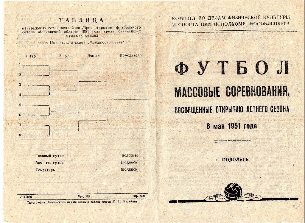 Орехово-Зуево, Машиностроитель Подольск, г. Калининград (Королёв) др. 06.05.1951