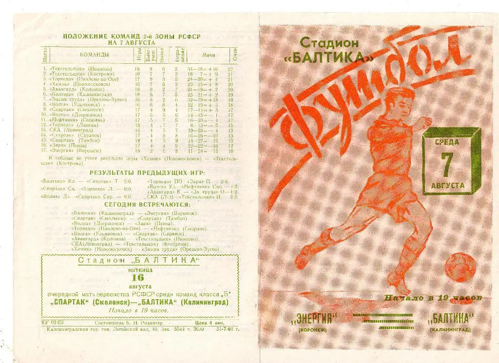 Балтика Калининград - Воронеж Энергия 07.08.1963