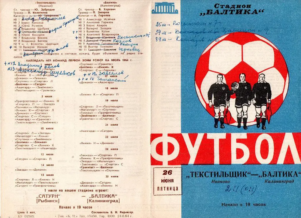 Балтика Калининград - Текстильщик Иваново 26.06.1964