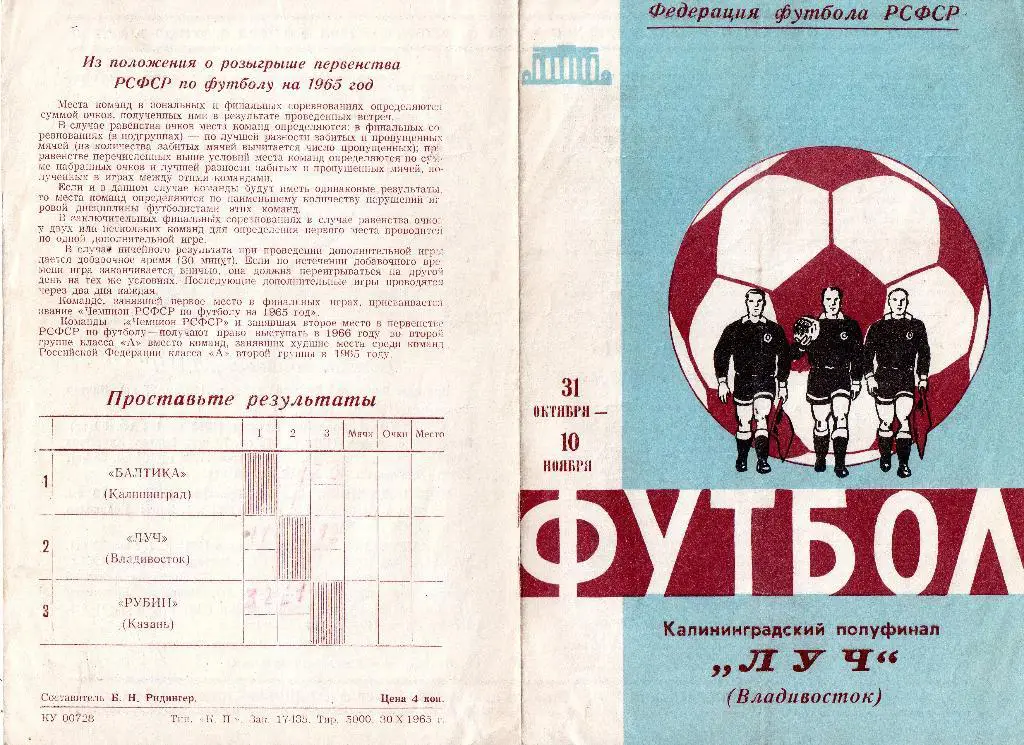 Балтика Калининград, Рубин Казань, Луч Владивосток 31.10.-10.11.1965 полуфинал