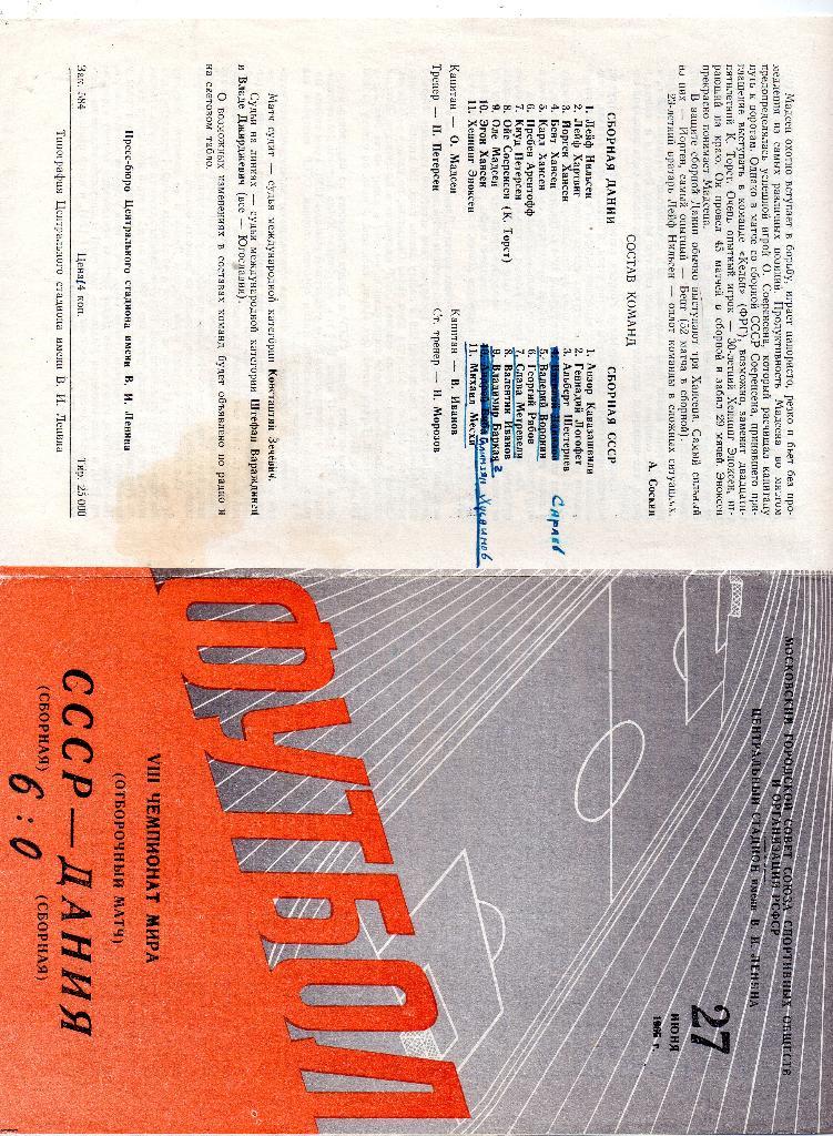 СССР сборная - Дания сборная 27.06.1965 отборочный матч чемпионата мира