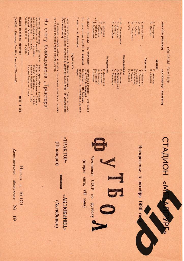 Трактор Павлодар - Актюбинец Актюбинск 05.10.1980