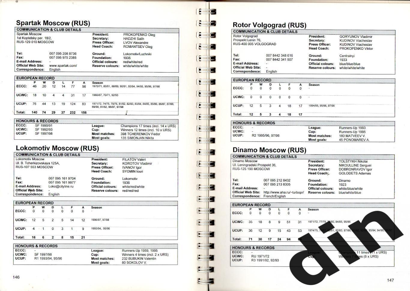 хэндбук. Клубные Соревнования УЕФА 1998/1999 - Спартак, Ротор, Динамо, Локомотив 2