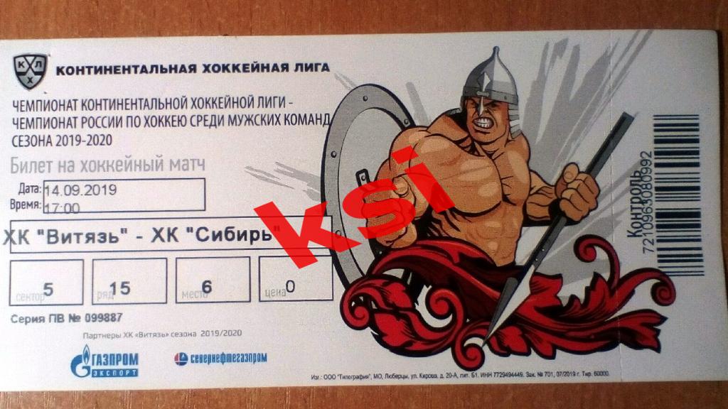 Билет Витязь - Сибирь 14.09.2019