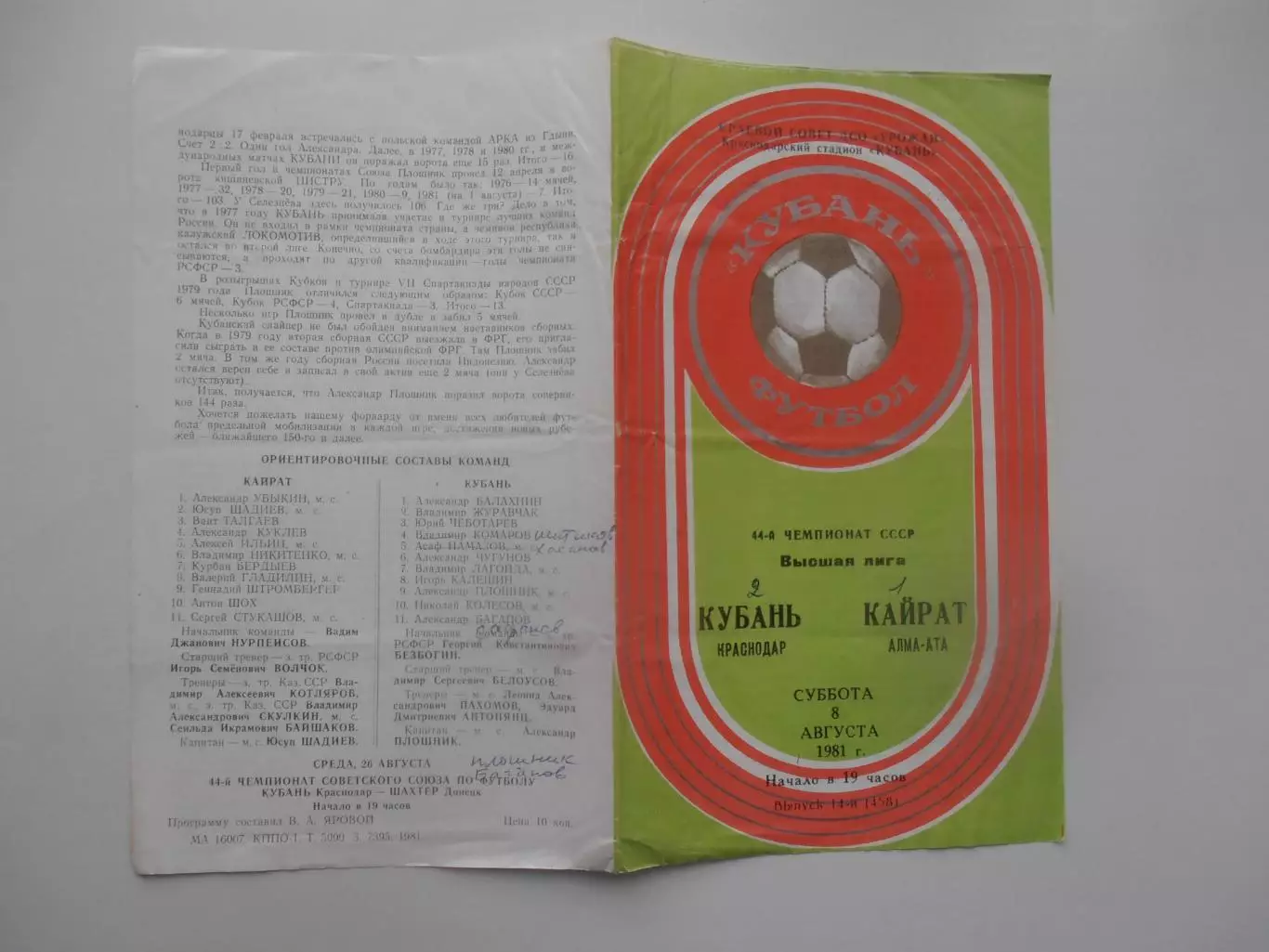 Кубань Краснодар-Кайрат Алма-Ата 8 августа 1981