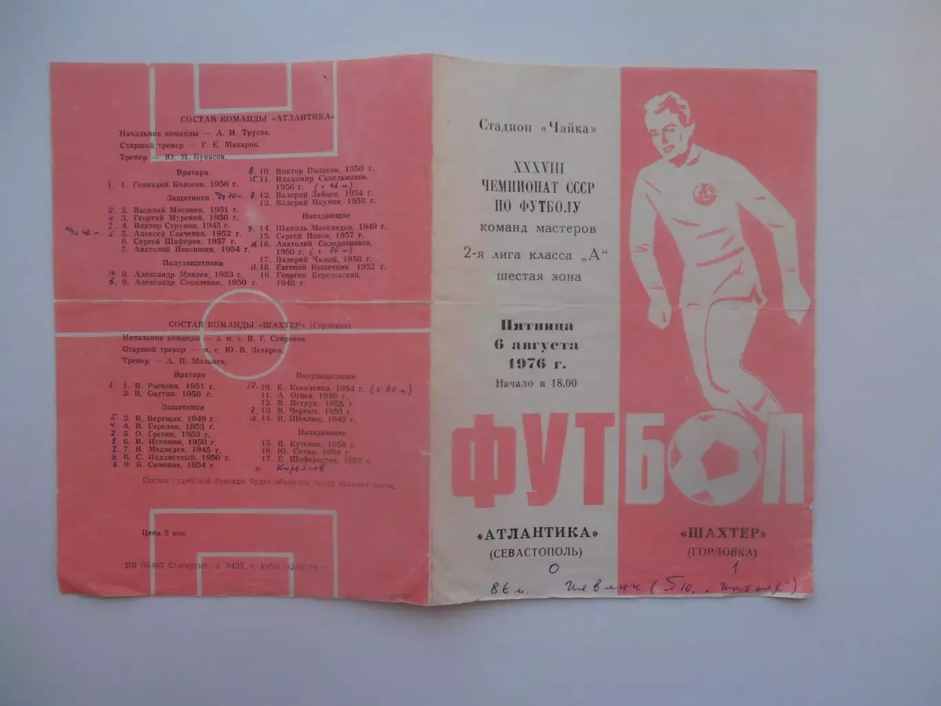 Атлантика Севастополь-Шахтер Горловка 6 августа 1976