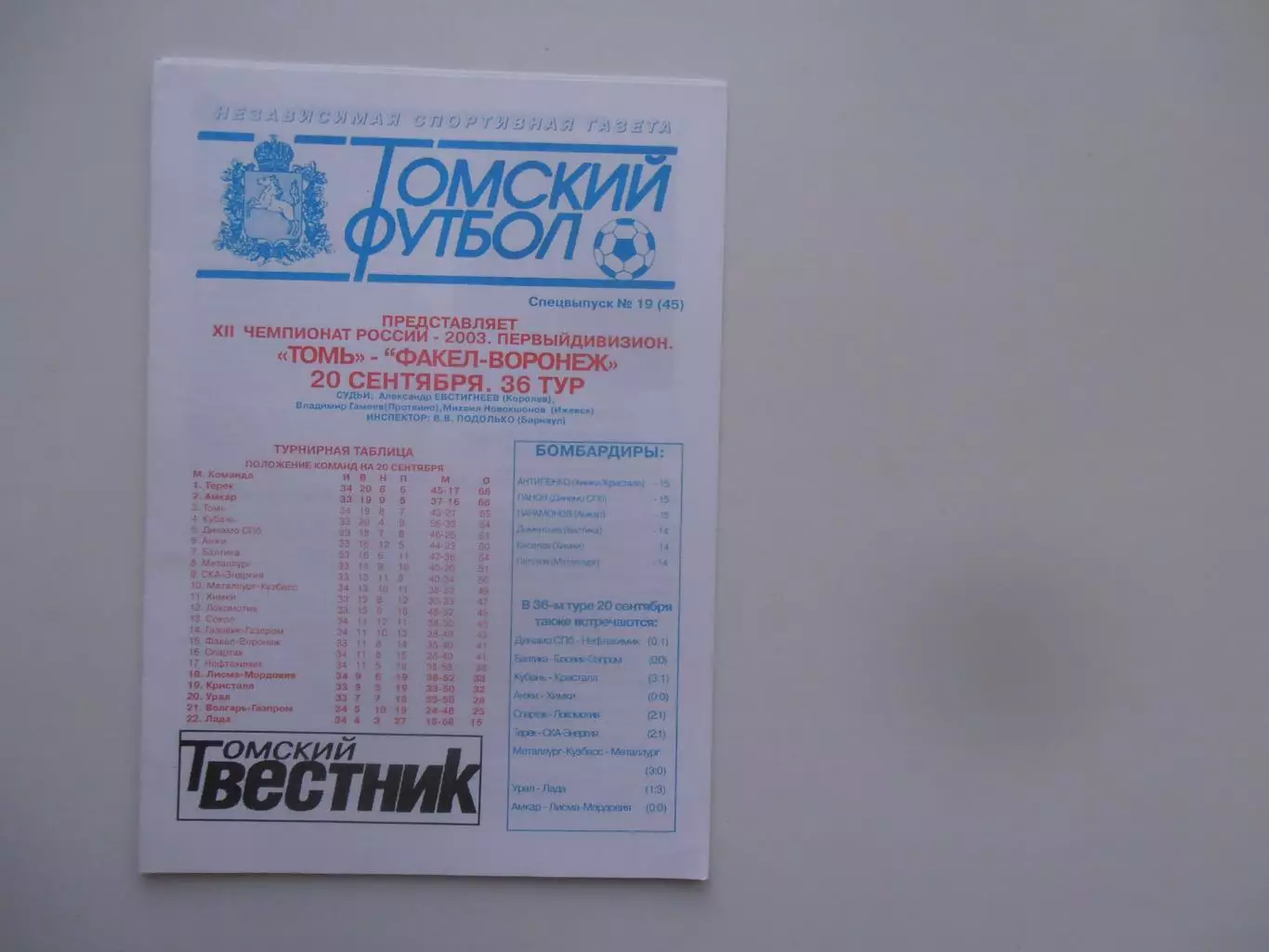 Томь Томск-Факел-Воронеж 20 сентября 2003