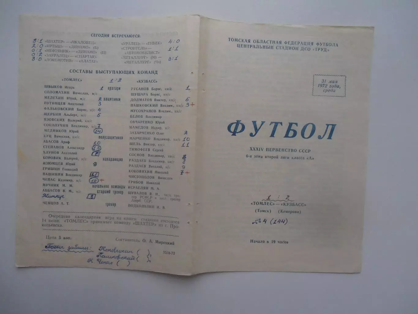 Томлес Томск-Кузбасс Кемерово 31 мая 1972