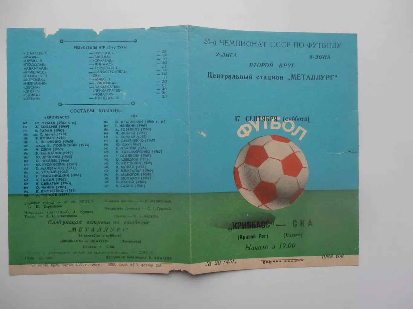 Кривбасс Кривой Рог-СКА Одесса 17 сентября 1988