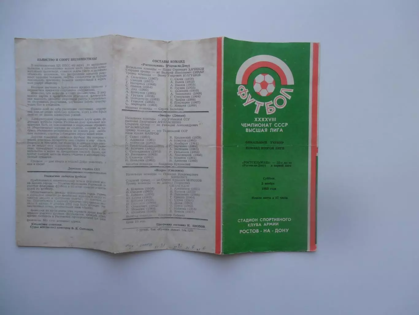 Ростсельмаш Ростов-на-Дону 5 ноября 1985 переходный турнир