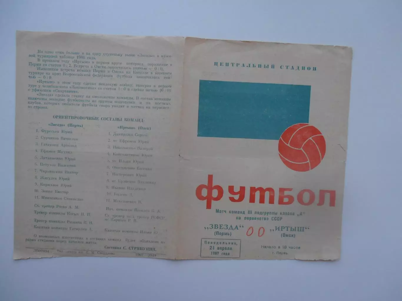 Звезда Пермь-Иртыш Омск 24 апреля 1967 открытие сезона