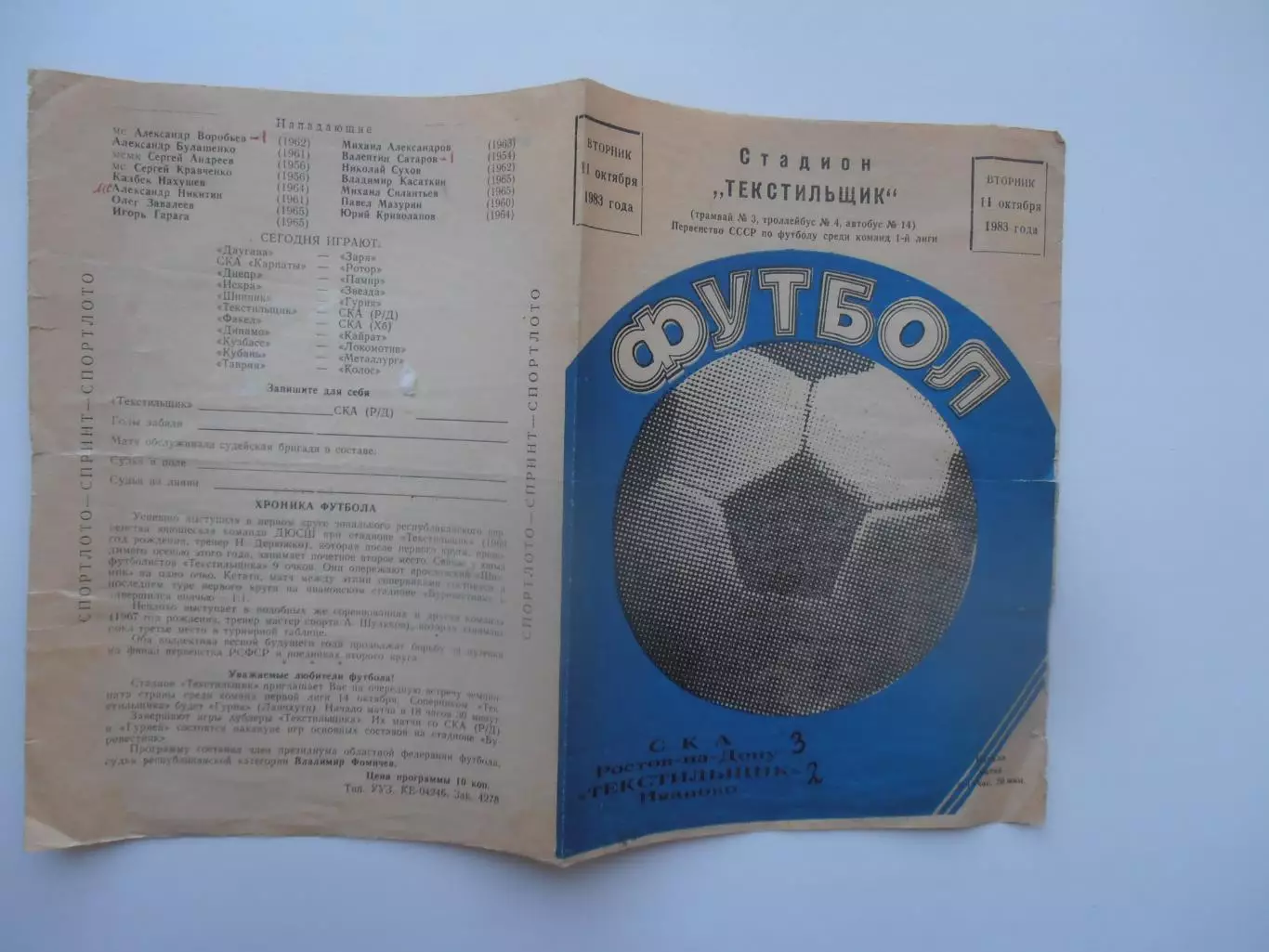 Текстильщик Иваново-СКА Ростов-на-Дону 1 октября 1983