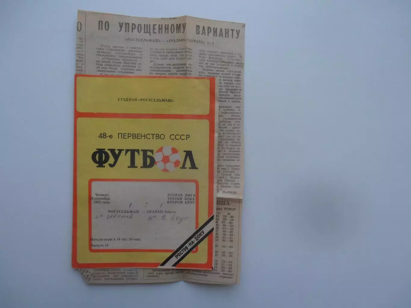 Ростсельмаш Ростов-на-Дону-Уралан Элиста 26 сентября 1985+ отчет
