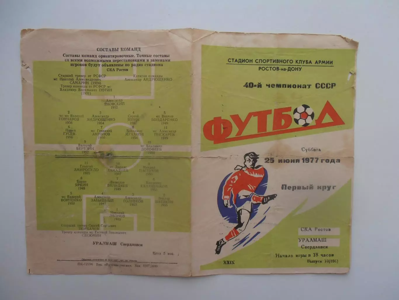 СКА Ростов-на-Дону-Уралмаш Свердловск 25 июня 1977