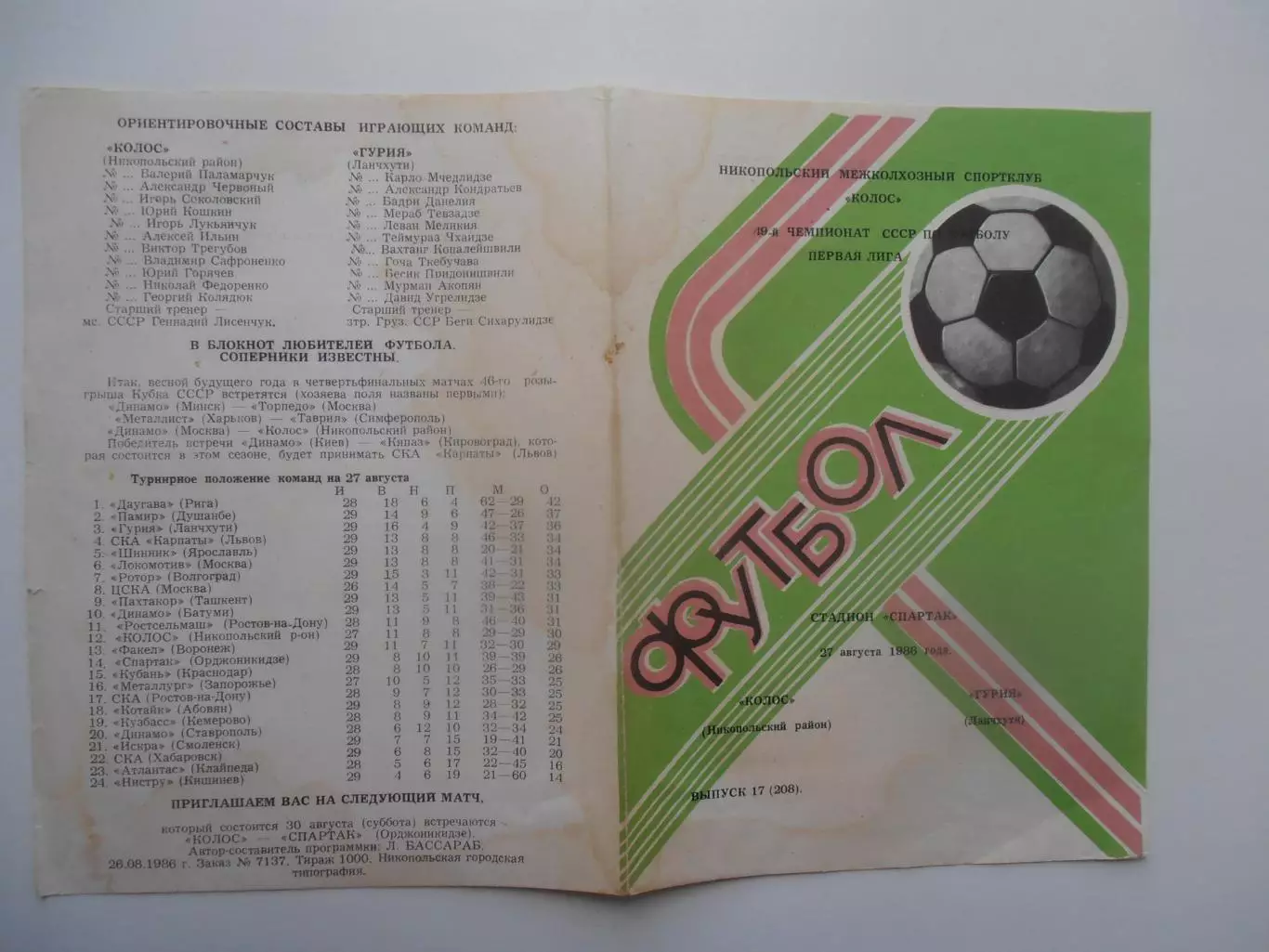 Колос Никополь-Гурия Ланчхути 27 августа 1986