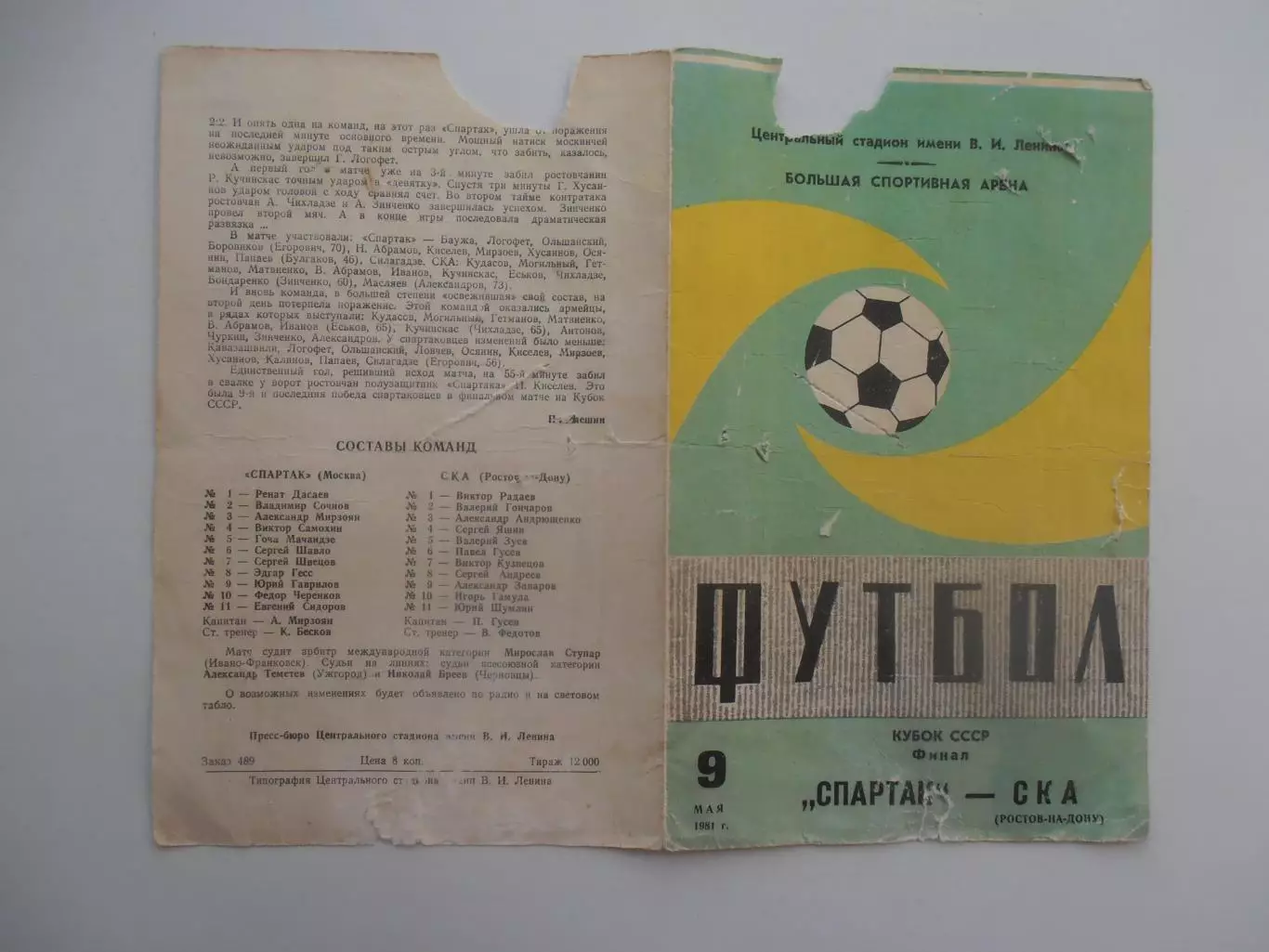 Спартак Москва-СКА Ростов-на-Дону 1981 кубок СССР финал