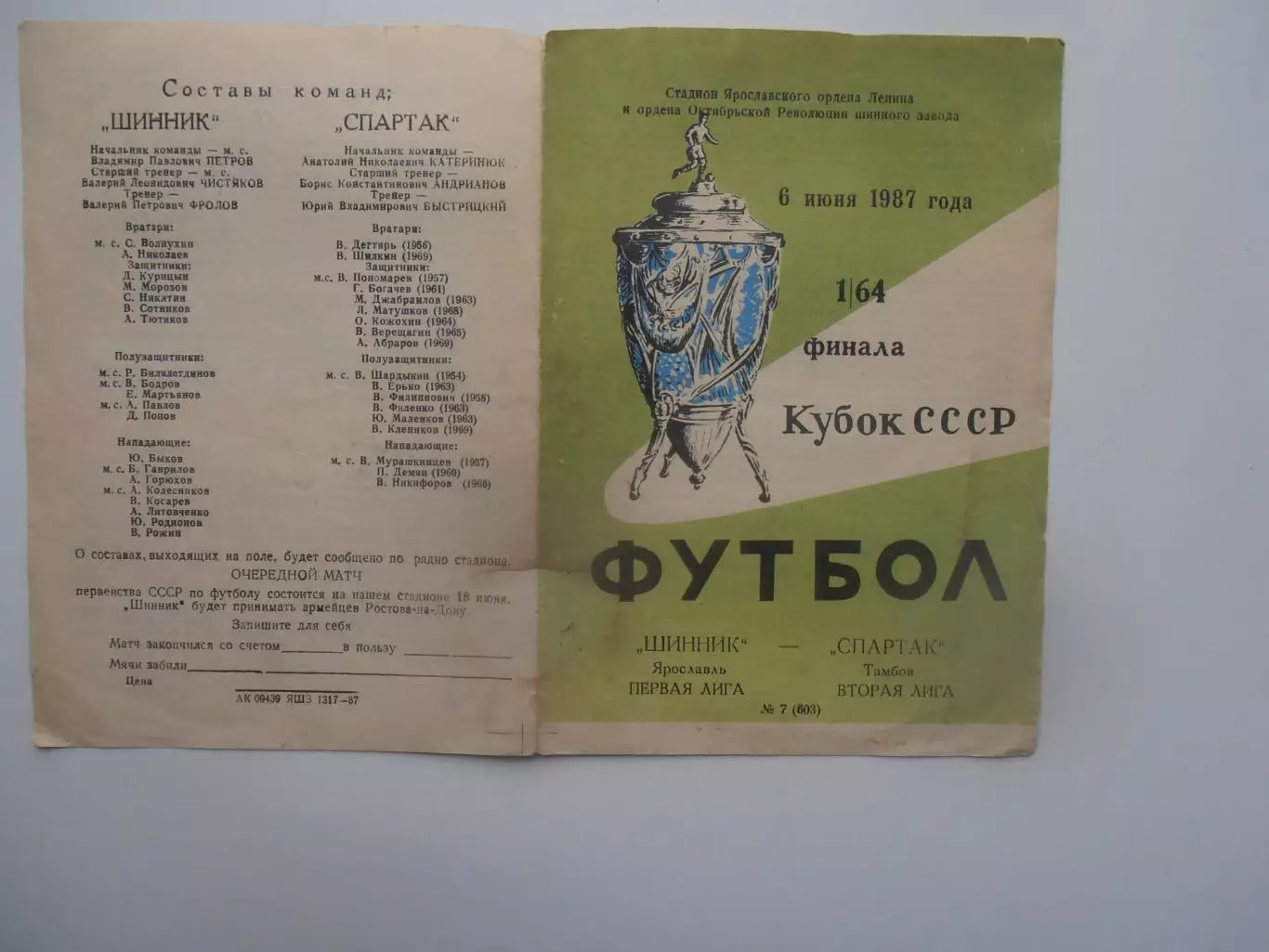 Шинник Ярославль-Спартак Тамбов 1987 кубок СССР