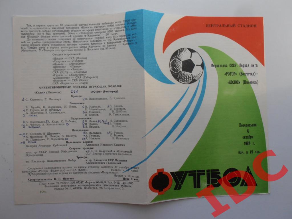 Ротор Волгоград-Колос Никополь 1982
