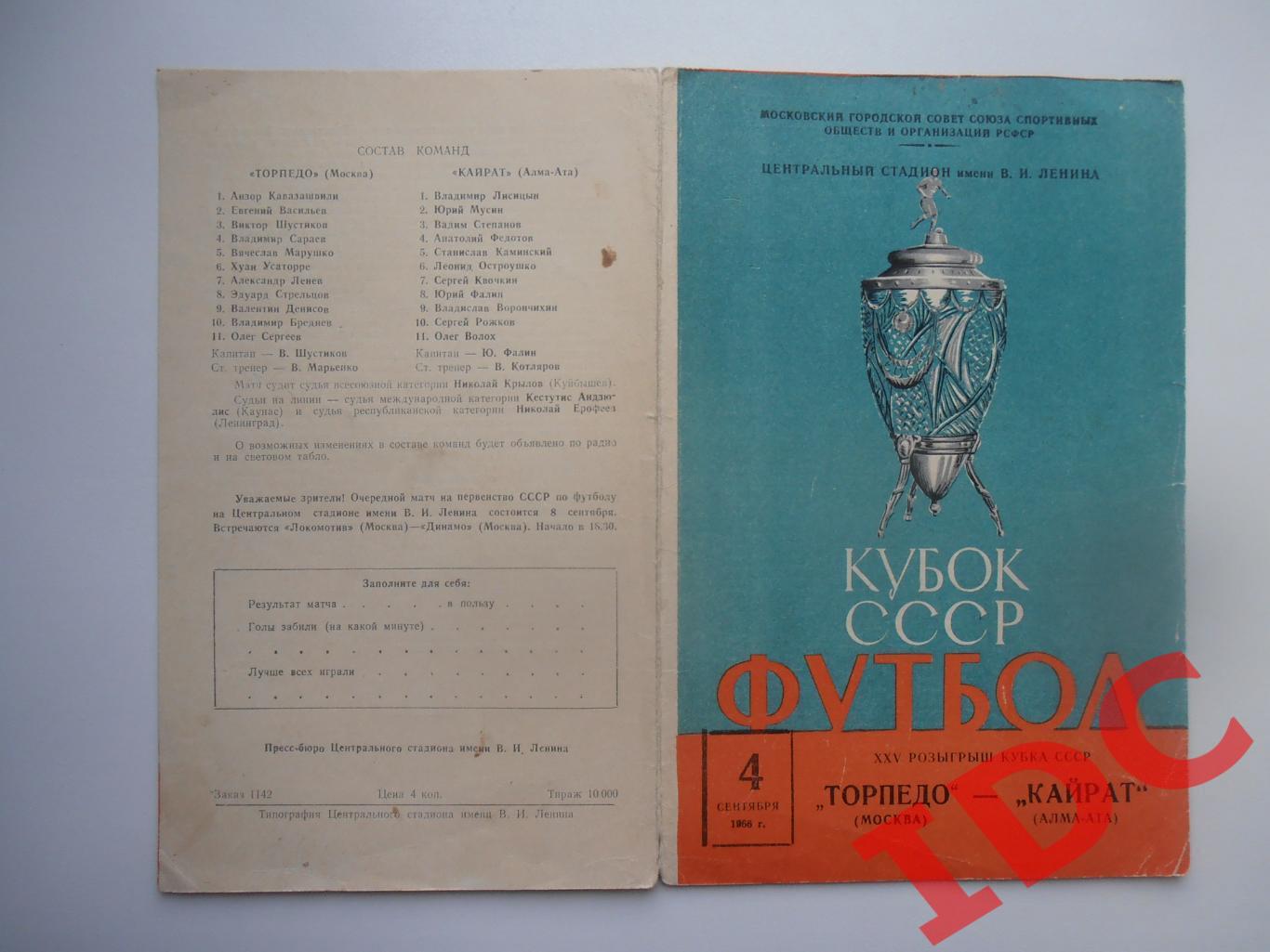 Торпедо Москва-Кайрат Алма-Ата 4 сентября 1966 кубок СССР