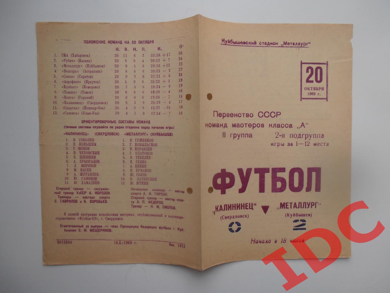 Металлург Куйбышев/Самара-Калининец Свердловск/Екатеринбург 20 октября 1969