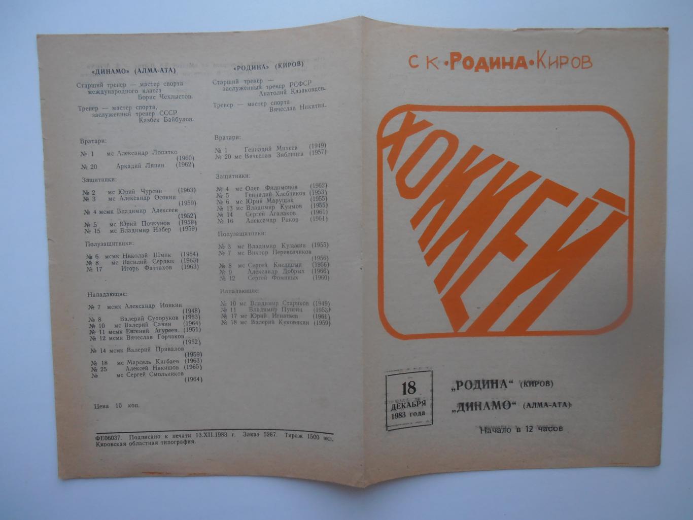 Родина Киров-Динамо Алма-Ата 18 декабря 1983