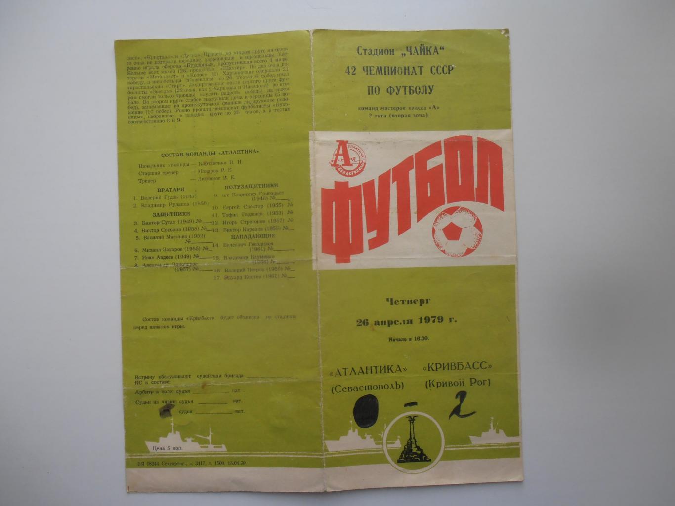 Атлантика Севастополь-Кривбасс Кривой Рог 26 апреля 1979