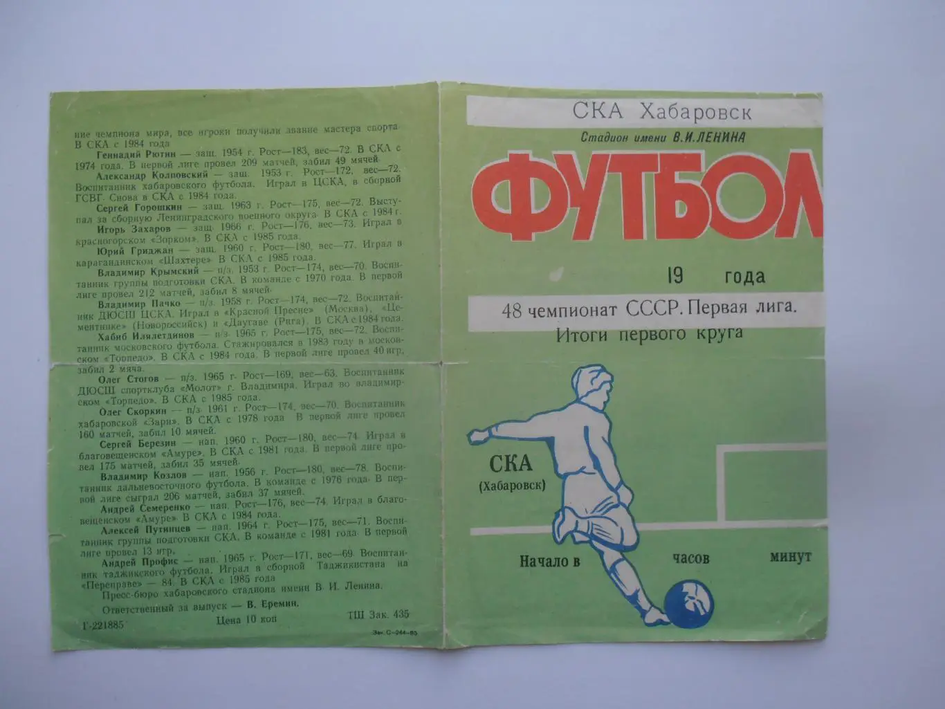 СКА Хабаровск 1985 итоги первого круга