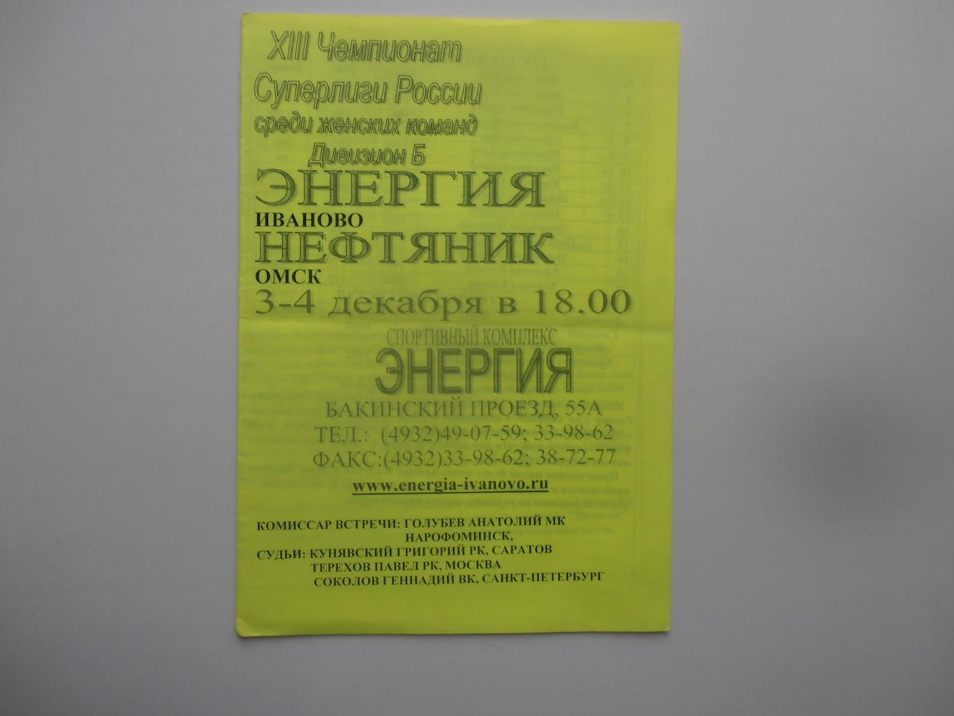 Энергия Иваново-Нефтяник Омск 3-4 декабря 2008