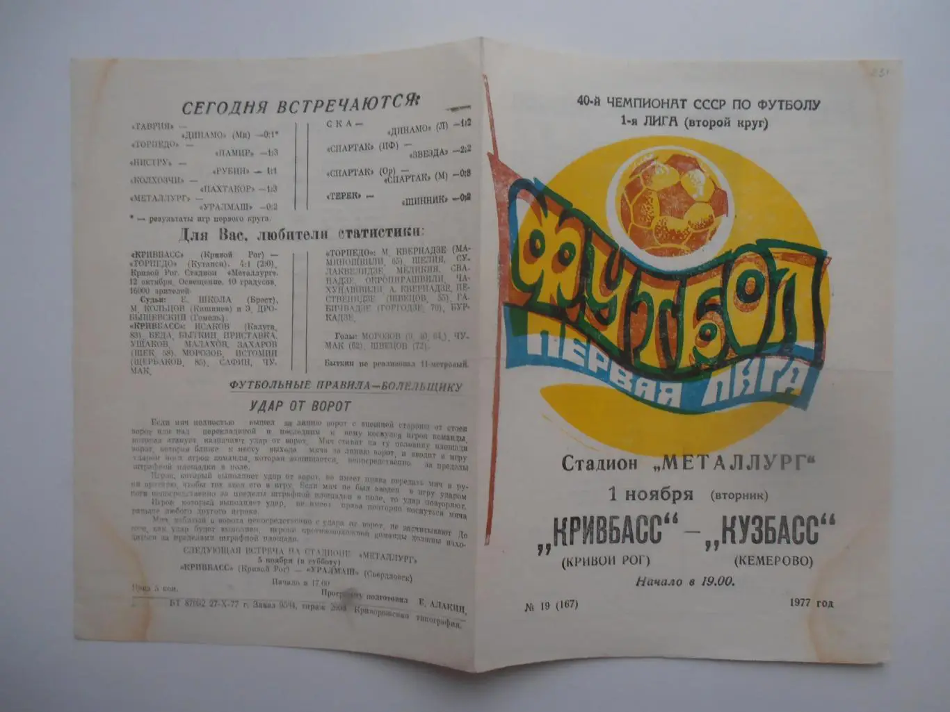 Кривбасс Кривой Рог-Кузбасс Кемерово 1 ноября 1977