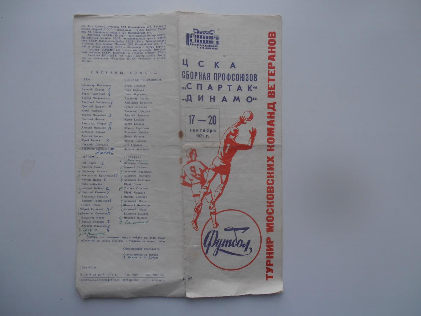 Турнир Московских команд ветеранов 1971 Спартак,ЦСКА,Динамо,сборная профсоюзов