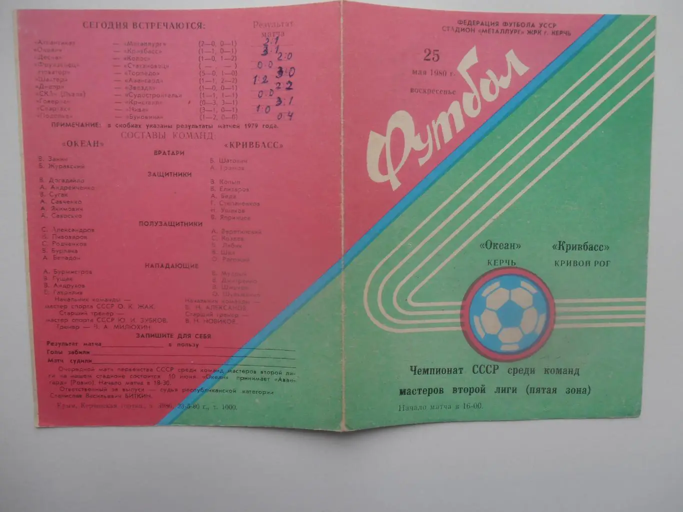 Океан Керчь-Кривбасс Кривой Рог 25 мая 1980