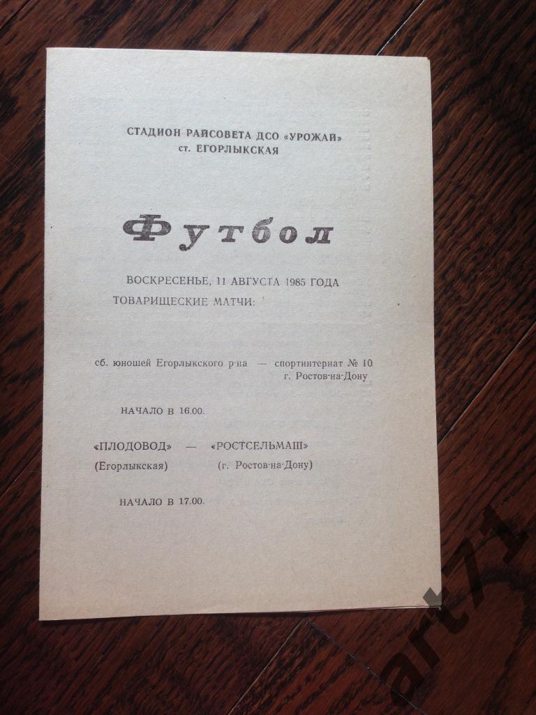 ПЛОДОВОД Егорлыкская - РОСТСЕЛЬМАШ Ростов-на-Дону 11.08.1985 товарищеский матч