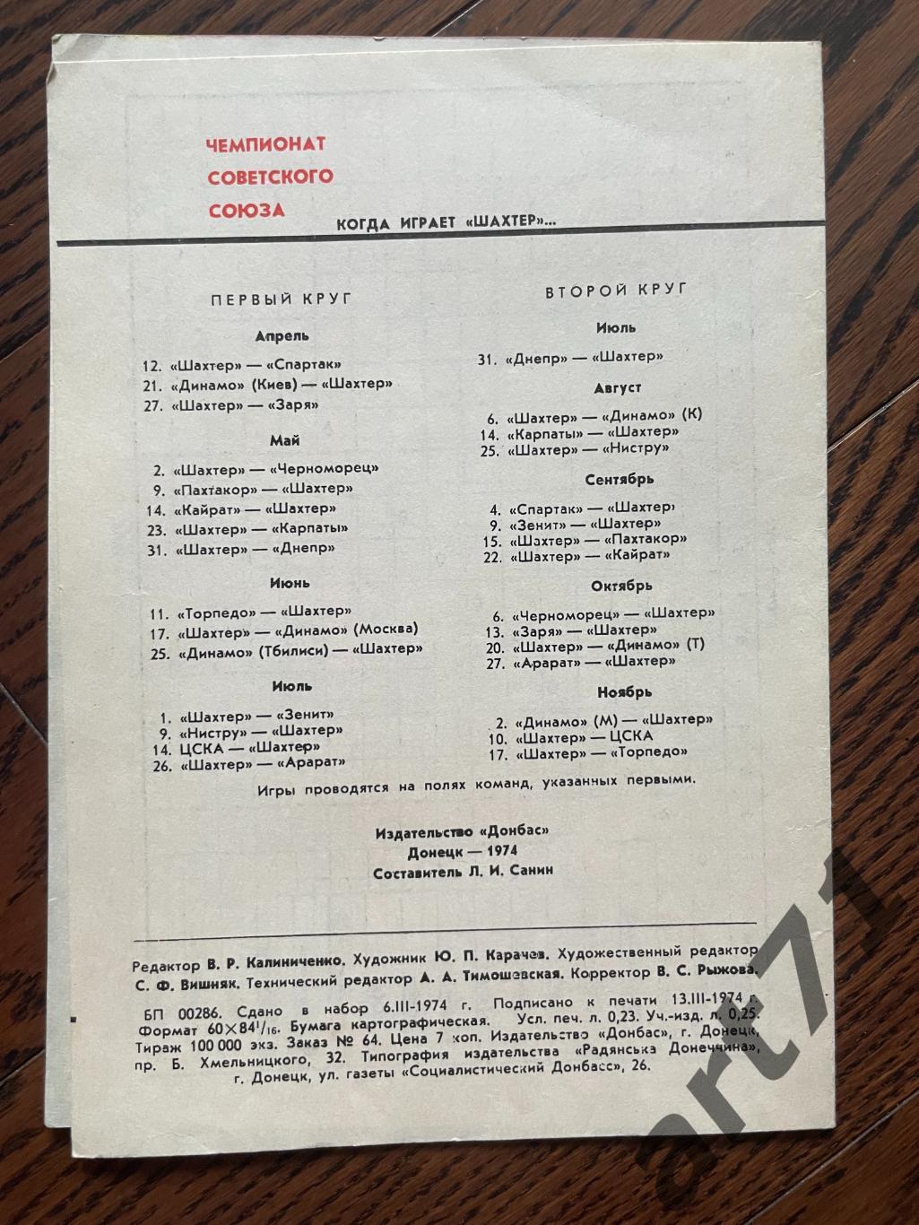 Шахтер Донецк 1974, таблица для заполнения, календарь игр 2