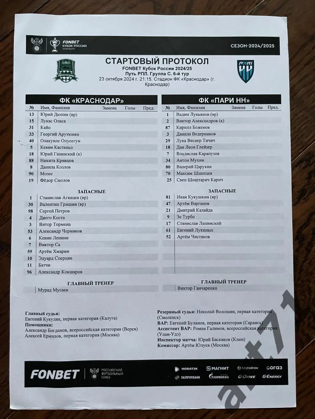 ФК Краснодар — Пари НН Нижний Новгород 18.08.2024 кубок России. Протокол