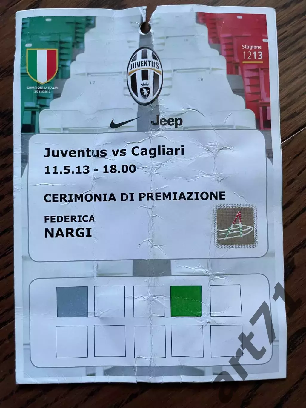 Ювентус Турин - Кальяри 2011 именной пропуск чемпионат Италии