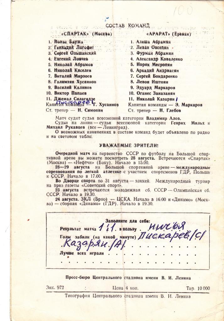 Спартак - Арарат 23.08.1971 1