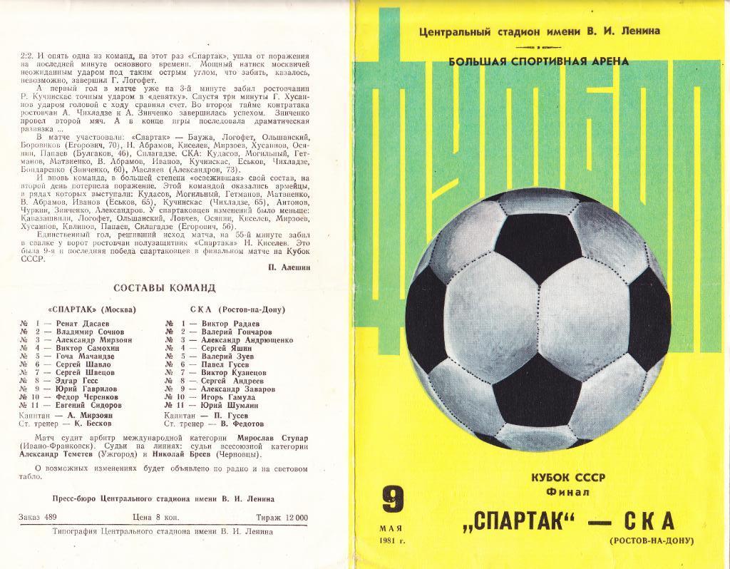 Спартак - СКА финал кубка СССР 09.05.1981.