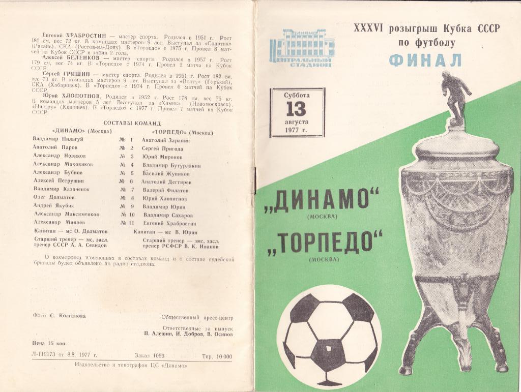 Динамо Москва - Торпедо Москва 13.08.1977 ФИНАЛ