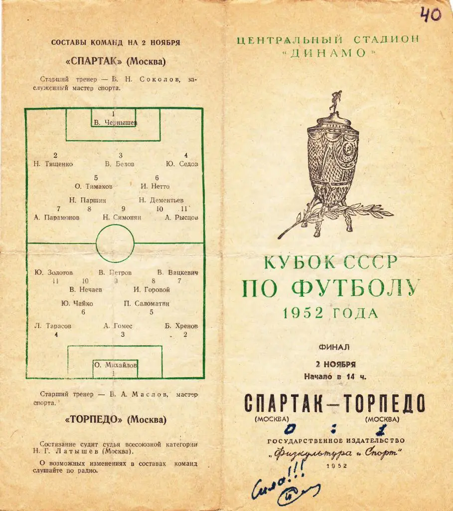Спартак - Торпедо 02.11.1952 ФИНАЛ