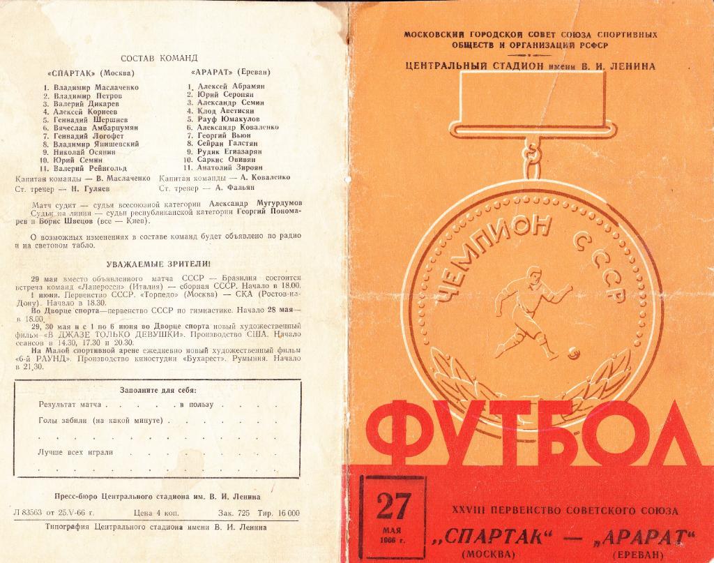 Спартак - Арарат 27.05.1966