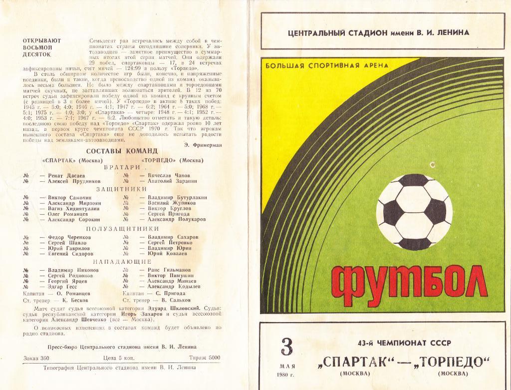 Спартак - Торпедо Москва 03.05.1980.