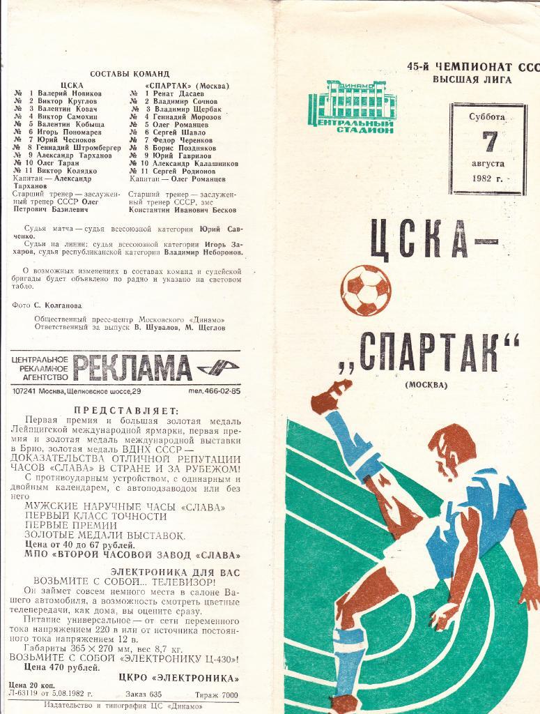 ЦСКА - Спартак 07.08.1982.