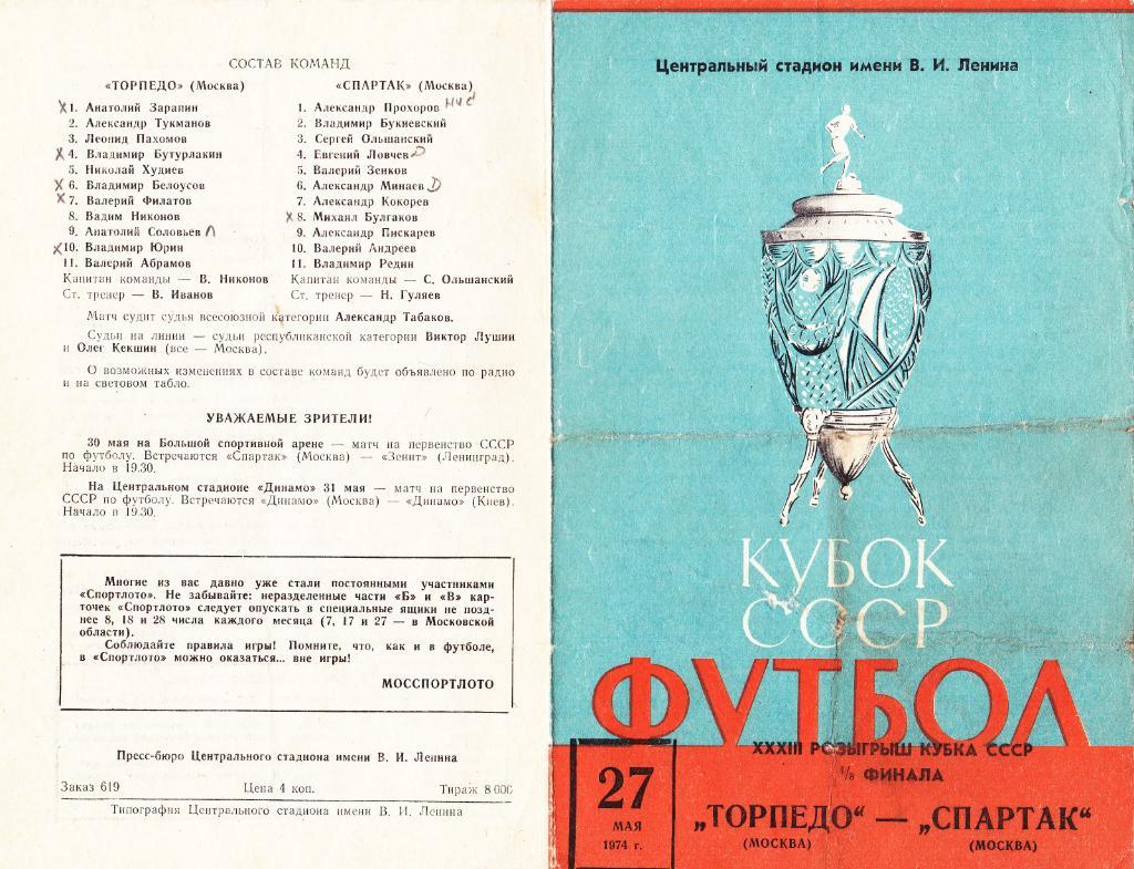 Торпедо Москва - Спартак 27.05.1974 1/8 финала