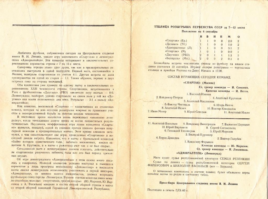 Спартак Москва - Адмиралтеец Ленинград 08.09.1960 3