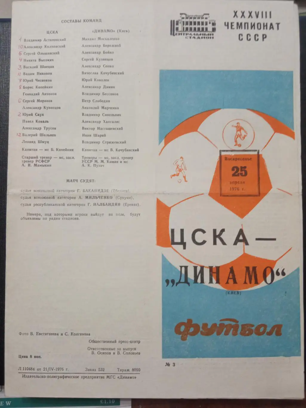 ЦСКА - Динамо Киев 25.04.1976